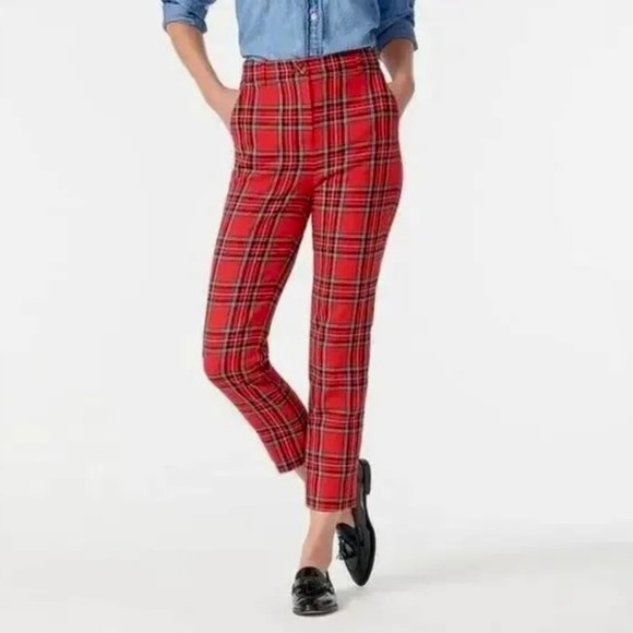J. CREW High-Rise Cameron Pants Red Stewart Tartan Plaid Holidays Preppy Size 2 - Picture 1 of 16